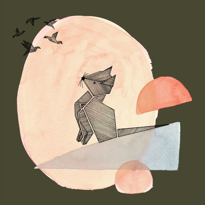 Illustration de l’origami du chat et des oiseaux