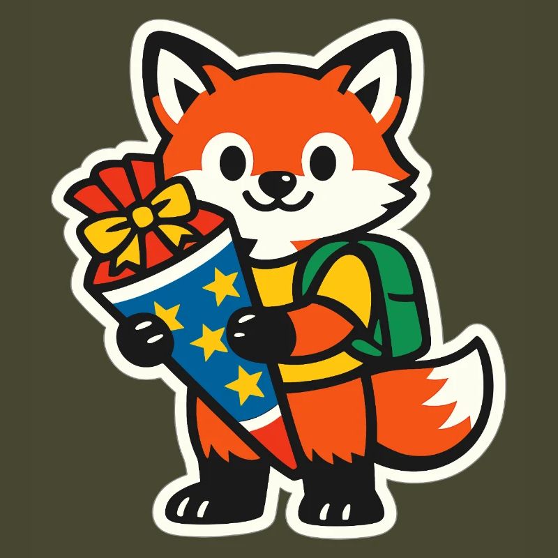 Fox with gift and backpack school enrollment