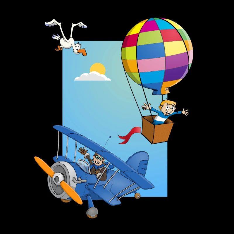 Garçon dans une montgolfière et un avion bleu