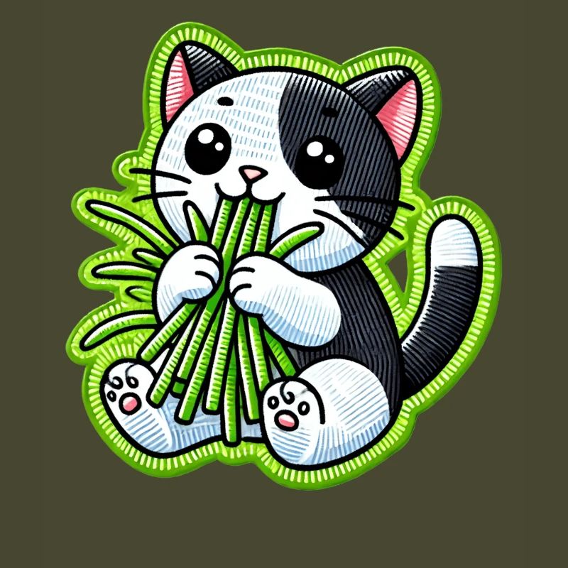 Mignon chat noir et blanc mangeant de l’herbe verte