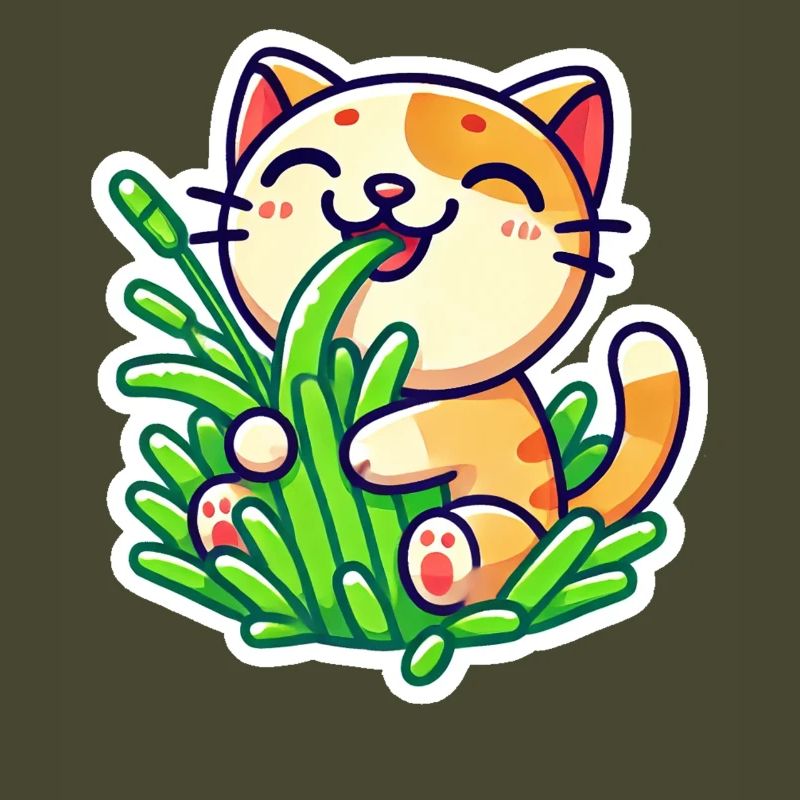 Chat roux mignon mangeant de l’herbe verte
