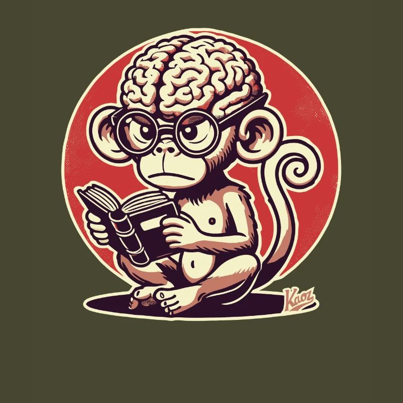 Nerd-Affe mit großem Geirn liest ein Buch