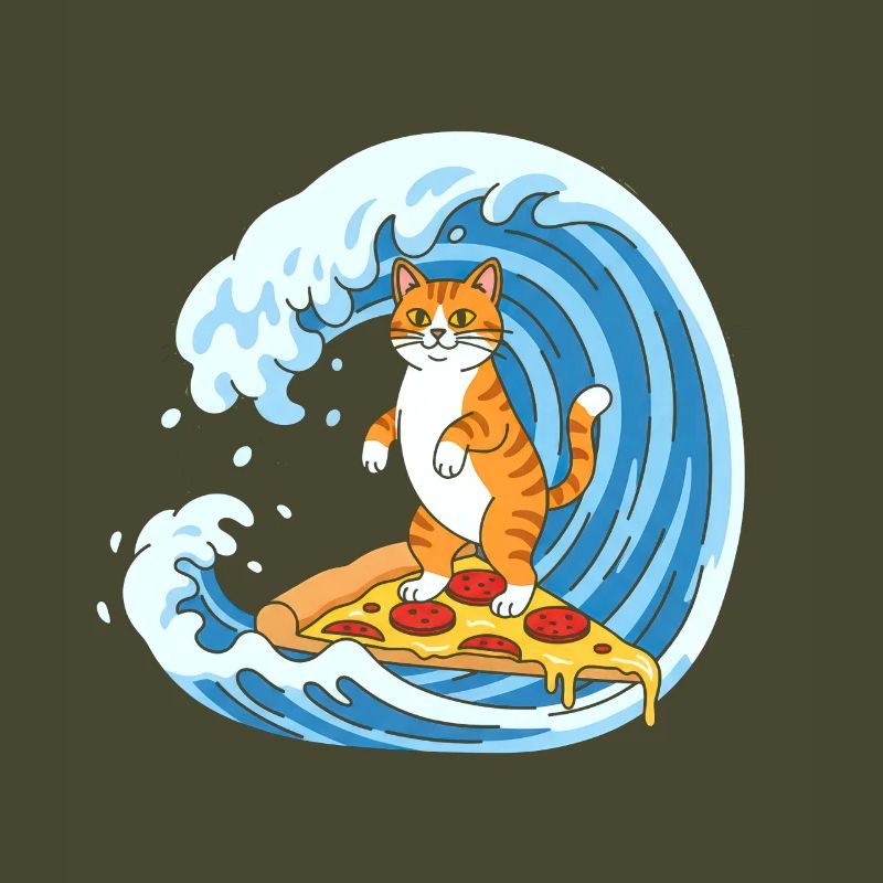 Surfer cat on pizza wave