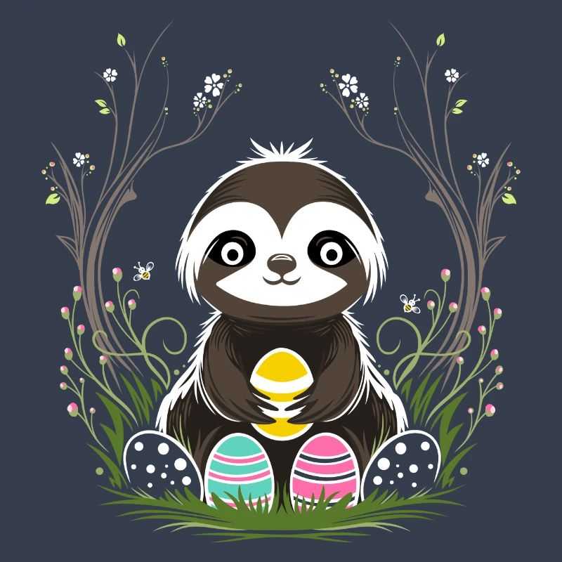 Easter Sloth with Easter Eggs in Spring