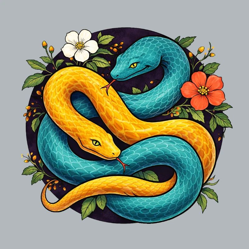 Deux serpents python dans l’anneau fleuri
