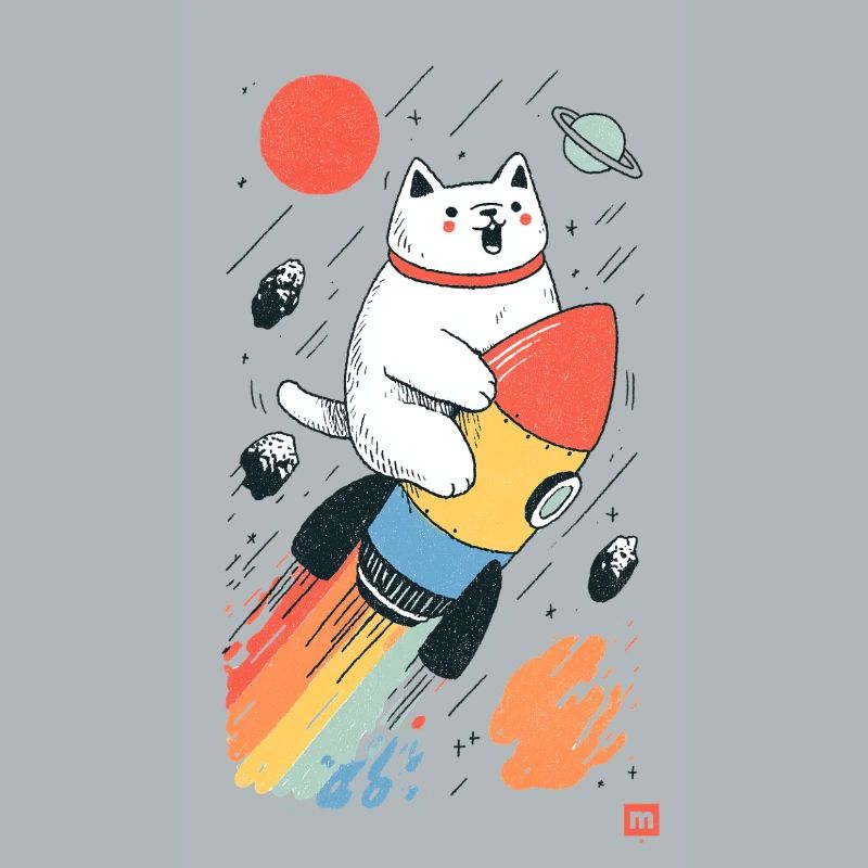 Chat sur fusée dans l’espace coloré