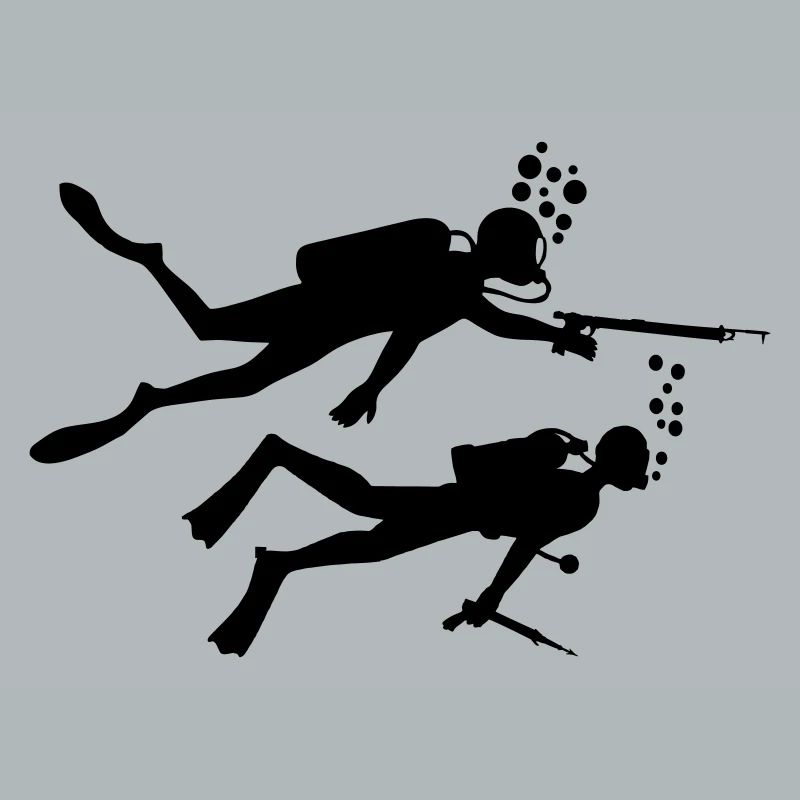 Two underwater divers with harpoons