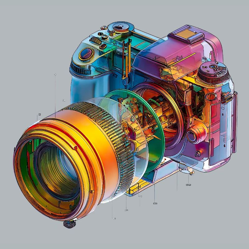 Rainbow camera as CAD design in color explosion