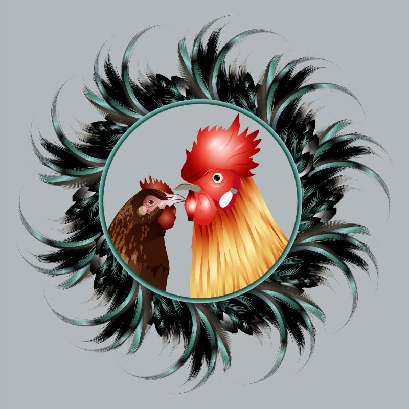 Rooster with hen in feather frame