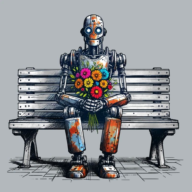 Robot banc fleurs Robot amour Art rouillé