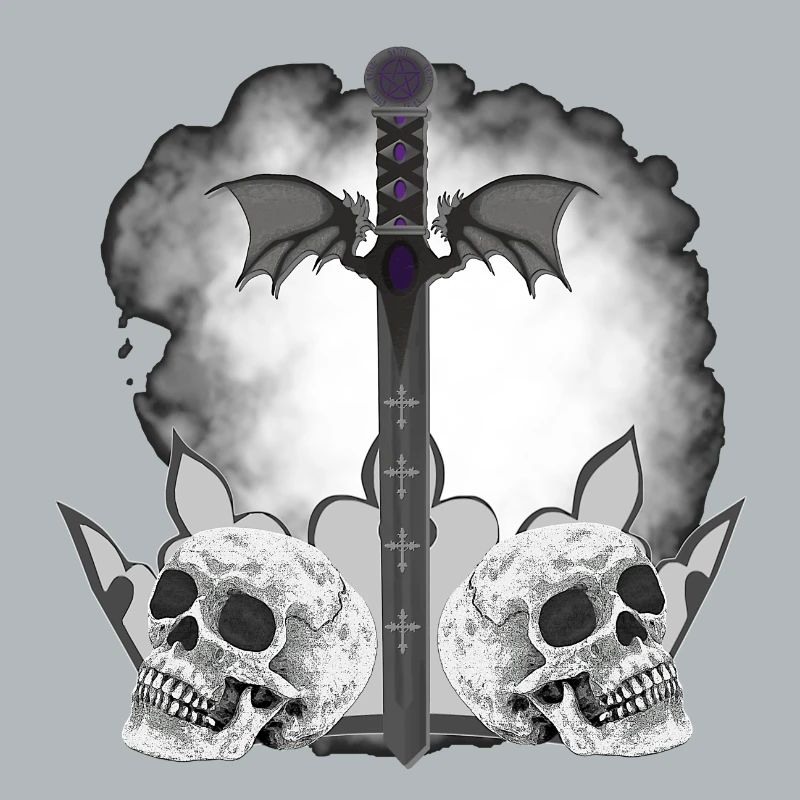 Menschenschädel, Schwerter, Dämonenflügel, vanitas