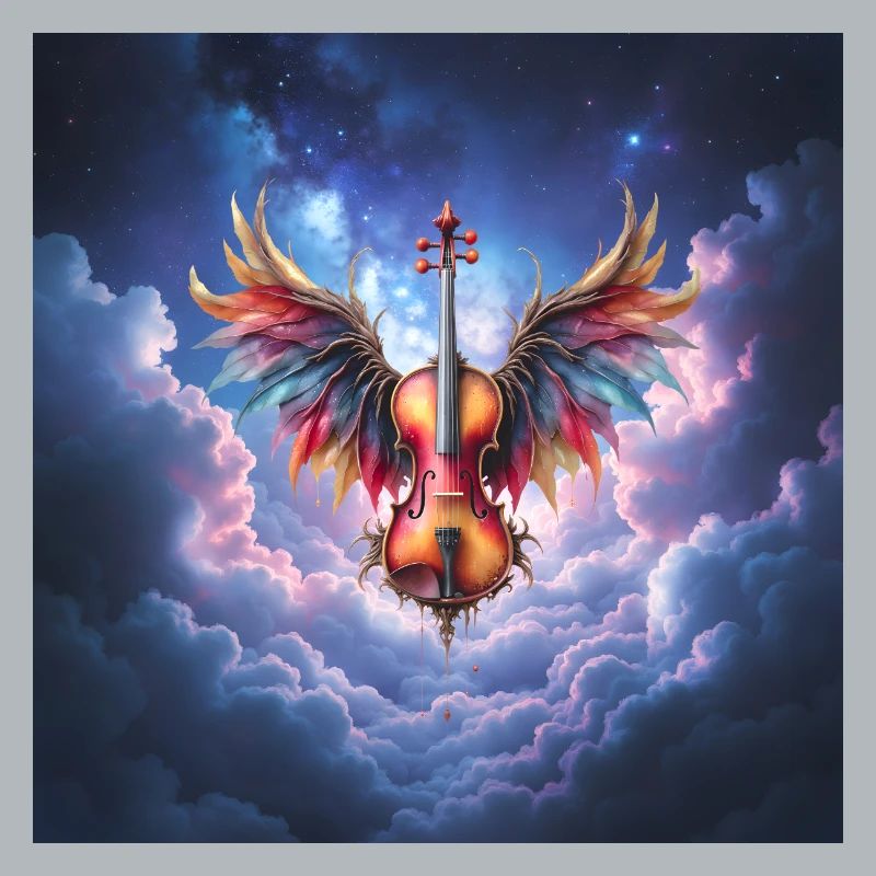 Winged Violin in Rainbow Clouds