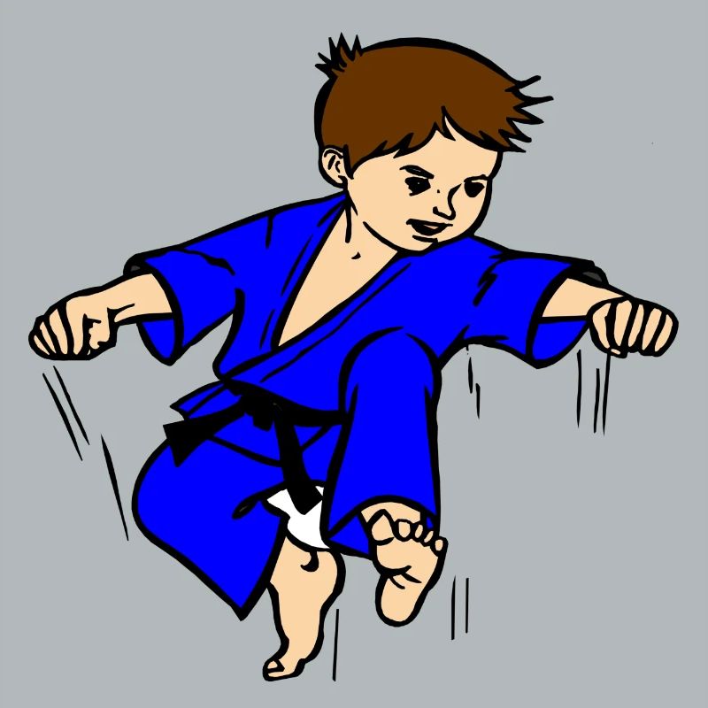 Blauer Anzug Karatekind oder Judokind mit schwarzem Gürtel