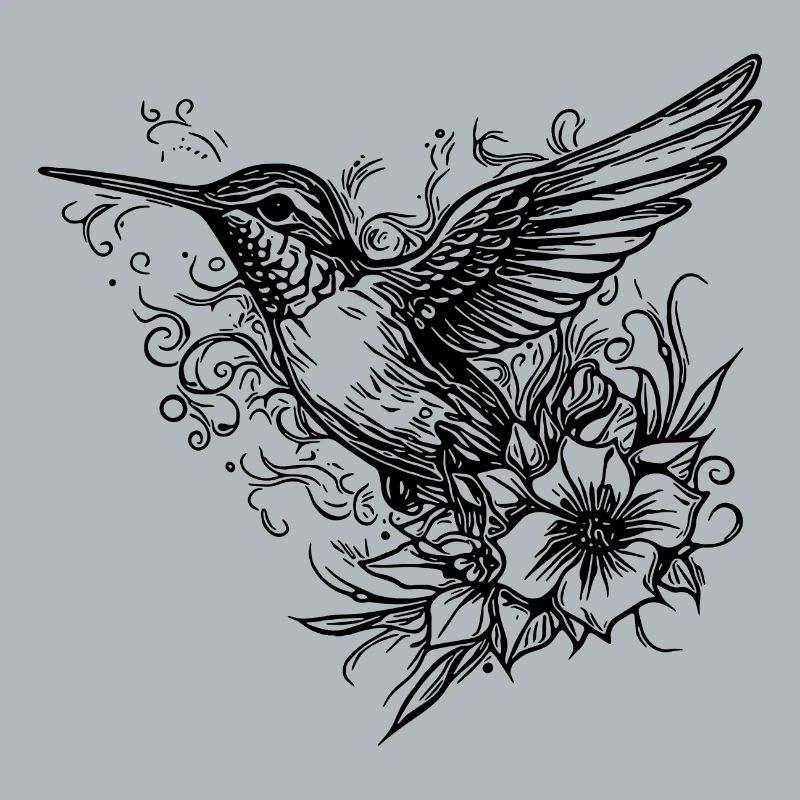 Tattoo Style Kolibri fliegend zwischen Blumen