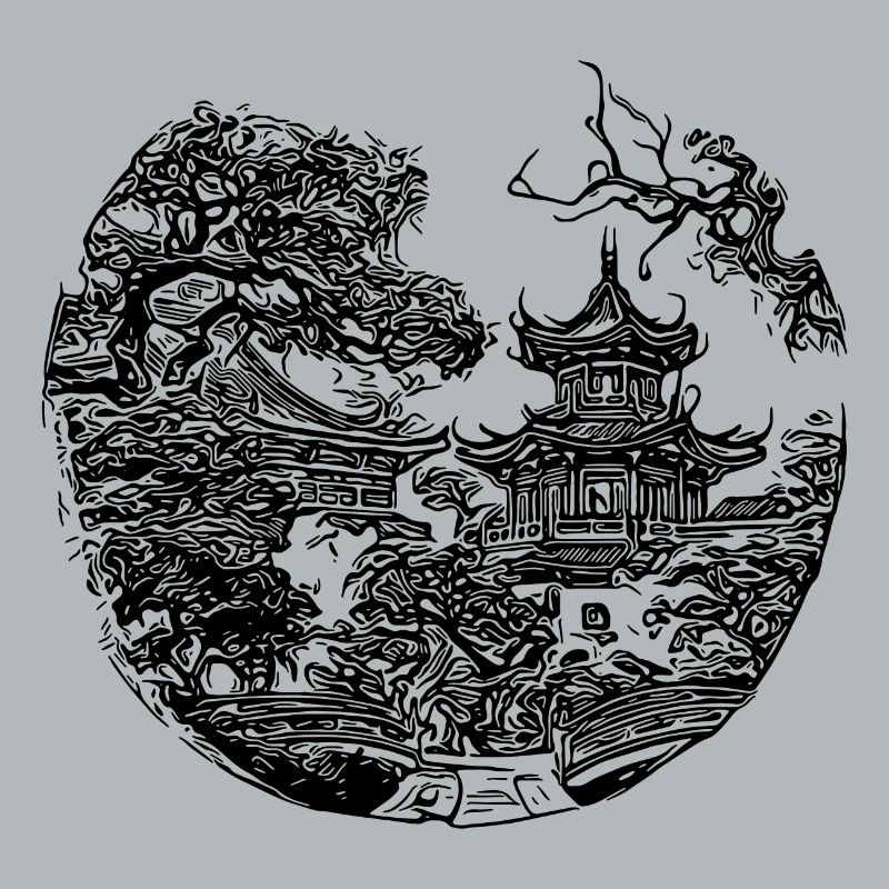 Japanischer Tempel in retro Landschaft Design