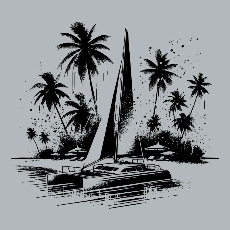 Catamaran double hull sailboat with palm trees