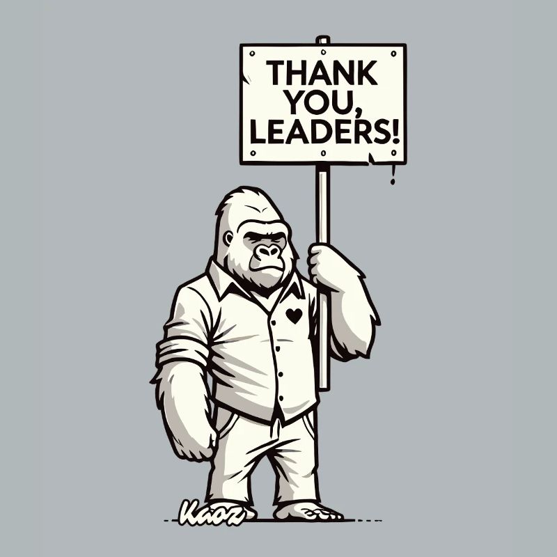 Sarkasmus Gorilla mit Schild: Danke, Ihr Anführer!
