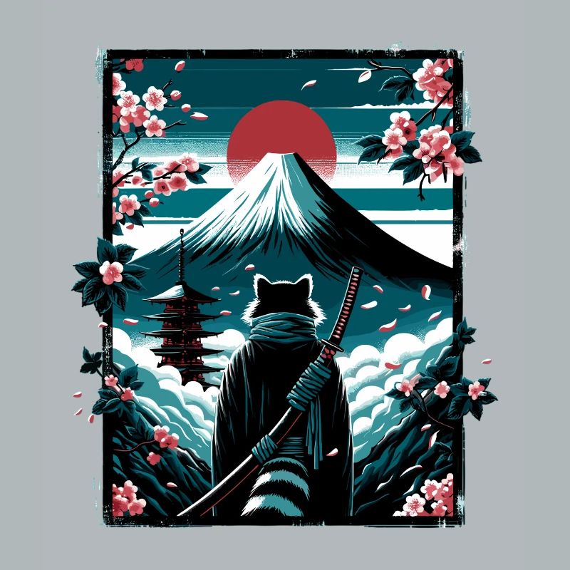 Chat avec une épée de samouraï devant Fuji