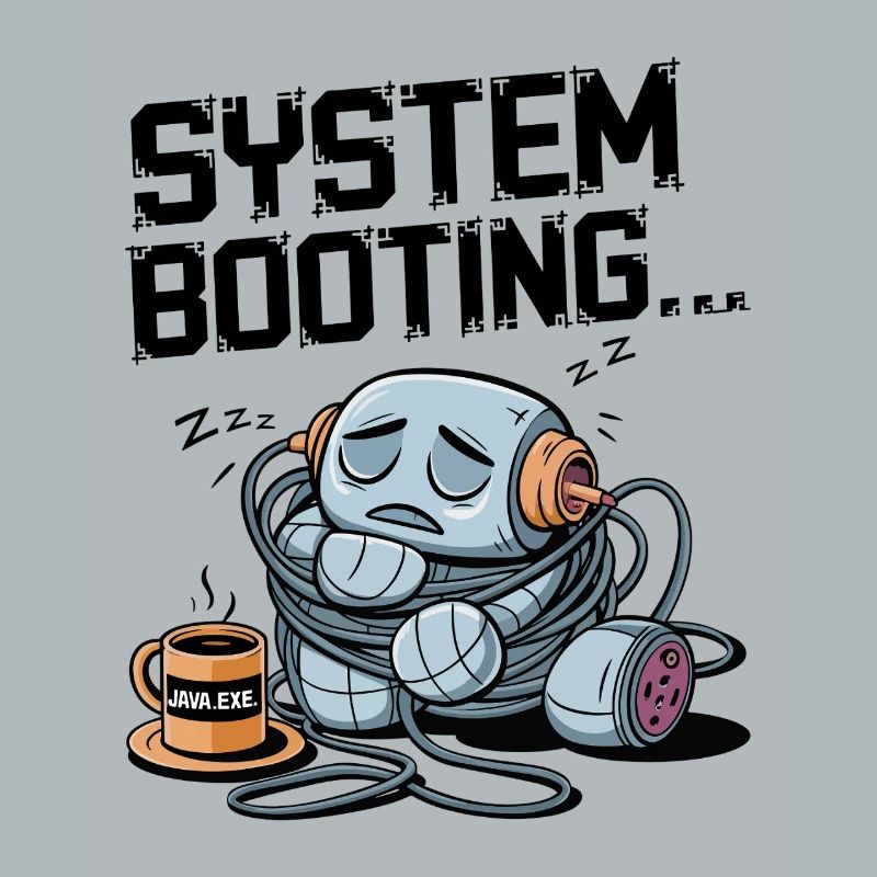 Sleepy Robot Booting with Java.exe Coffee – Funny