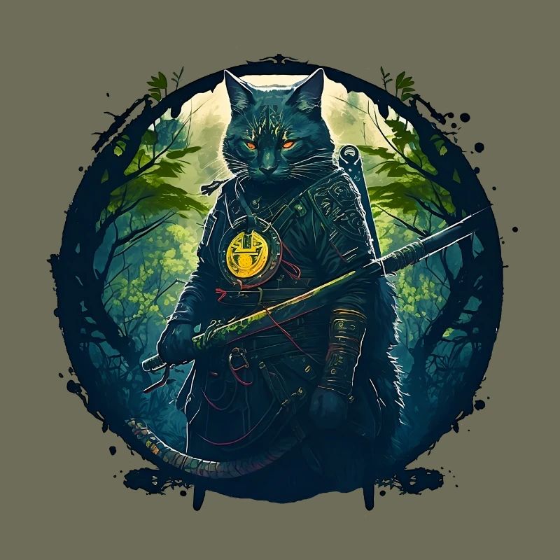 Cat as samurai in forest