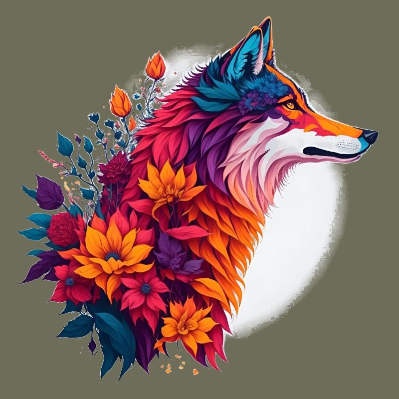 Wolf mit Blumenbouquet