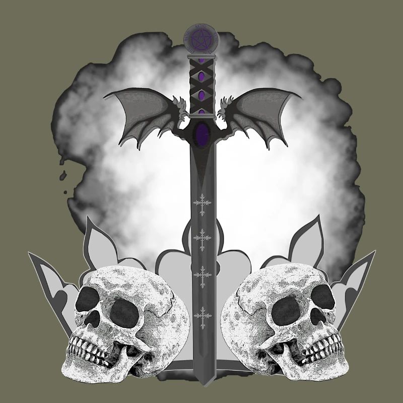 Menschenschädel, Schwerter, Dämonenflügel, vanitas