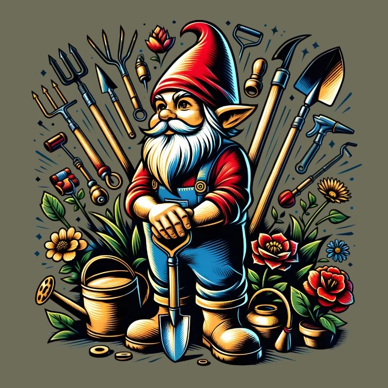 Bunter,lebendiger Gartenzwerg umgeben von Werkzeug