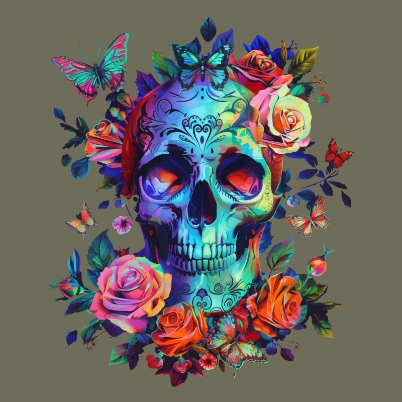 Crâne avec fleurs et papillon