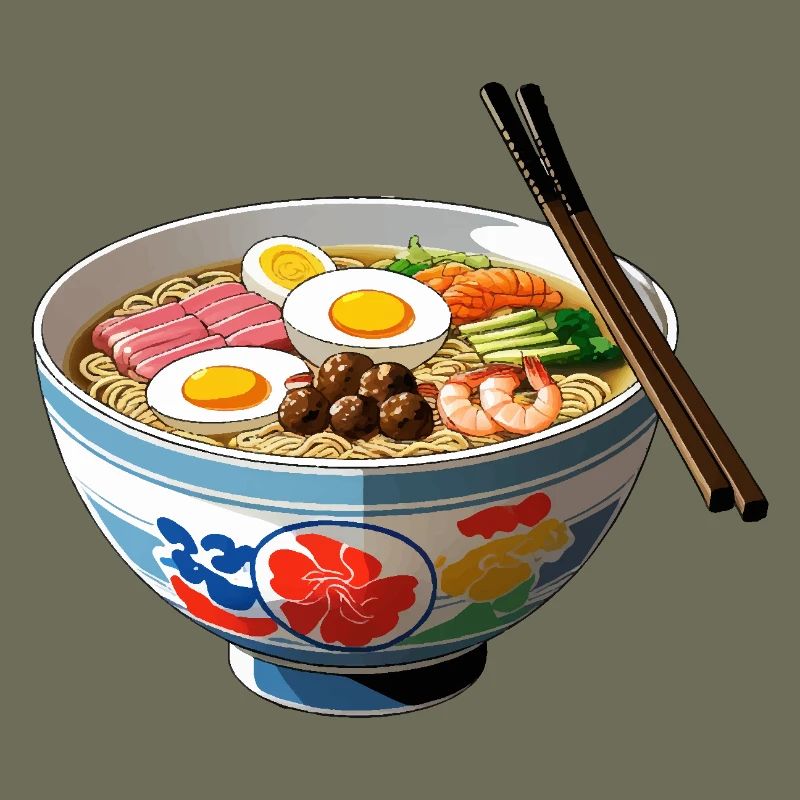Ramen Bowl Illustration with Egg Shrimp