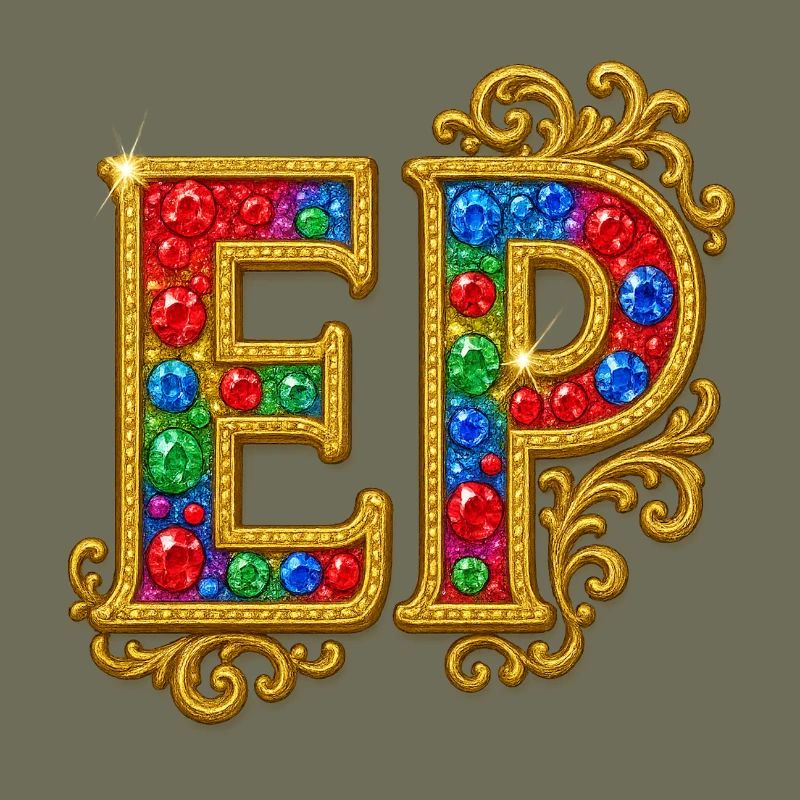 Glittering letter E with gold frame