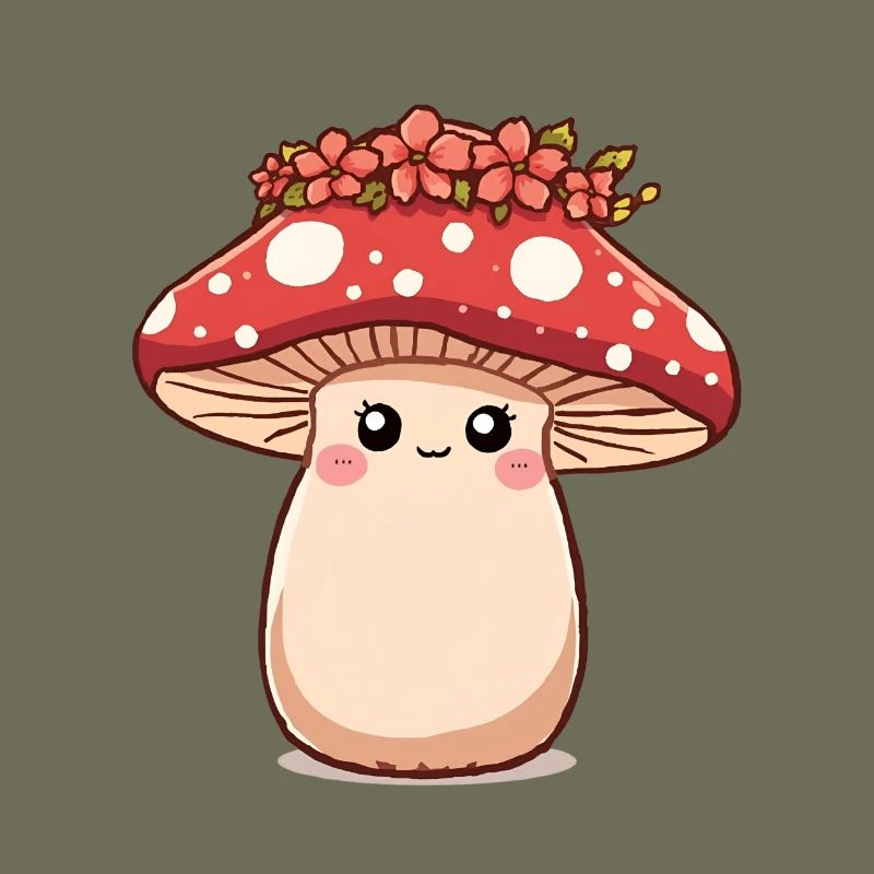 Champignon kawaii avec couronne de fleurs - Design mignon