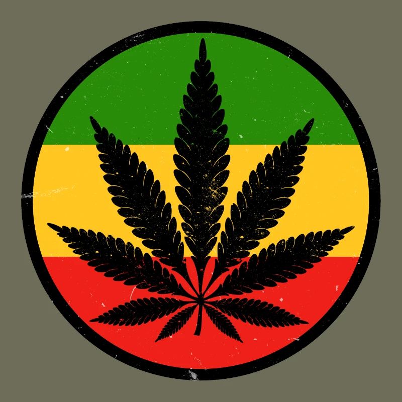 A cannabis leaf within a red yellow green circle