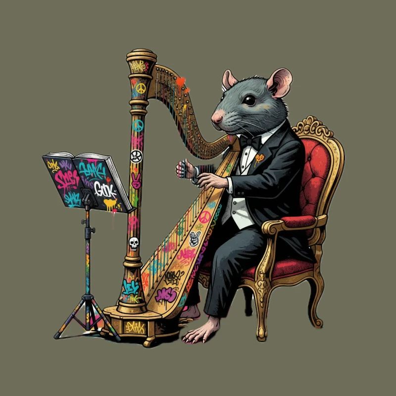 Rat in suit playing harp graffiti