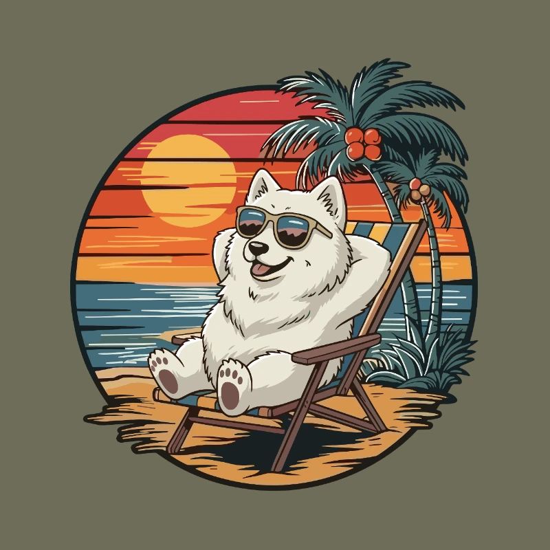 Funny Samoyed Dog on Beach Summer Vacation Sunset