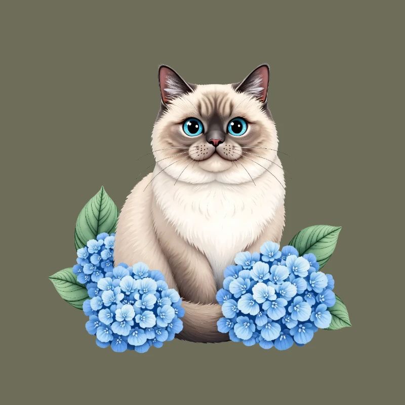 Cute Ragdoll Cat with Blue Hydrangeas