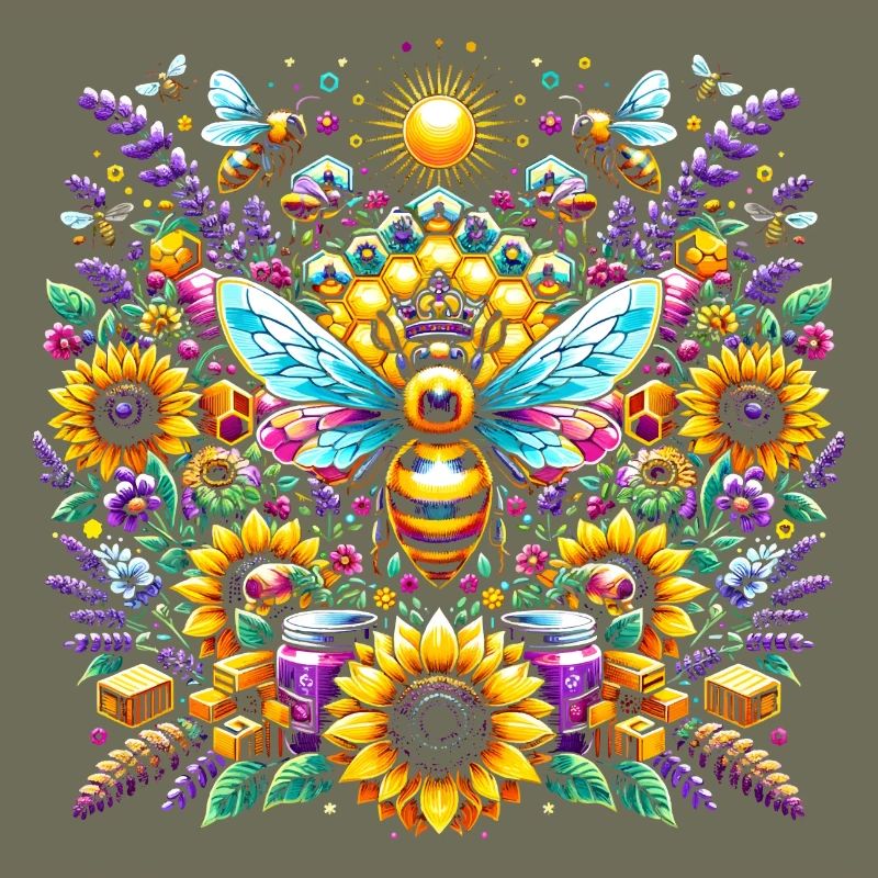 Vibrant, colorful artwork with bees