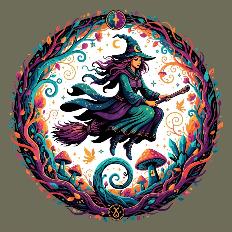 Witch magic in the forest Witch on broom in the enchanted forest