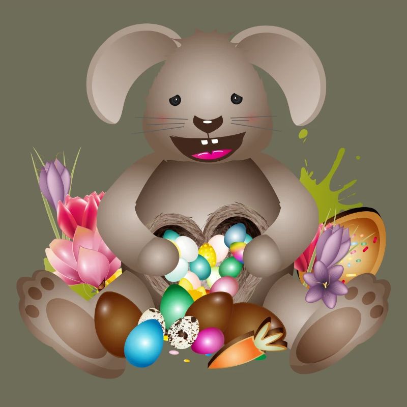 laughing Easter with Easter nest full of Easter eggs