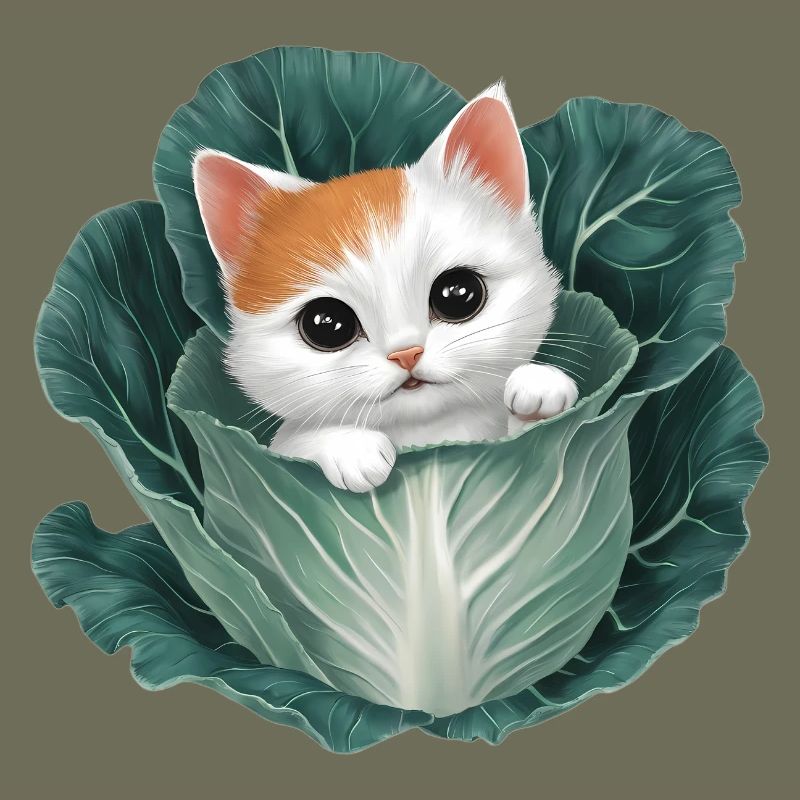 Kitten Peeking from Cabbage Leaf