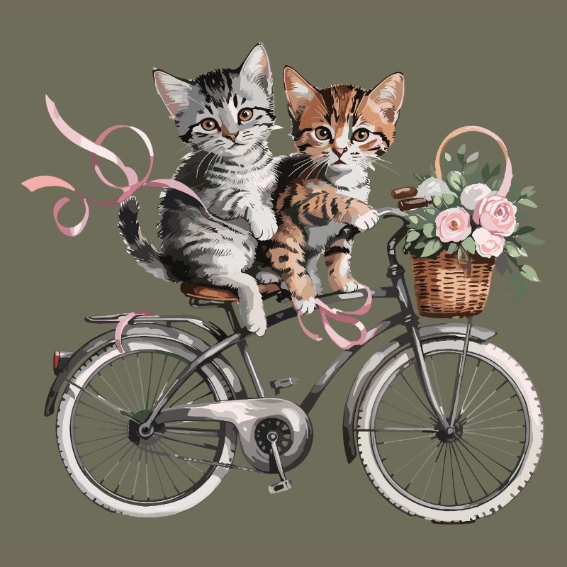 Des chatons mignons sur le vélo avec un panier de fleurs