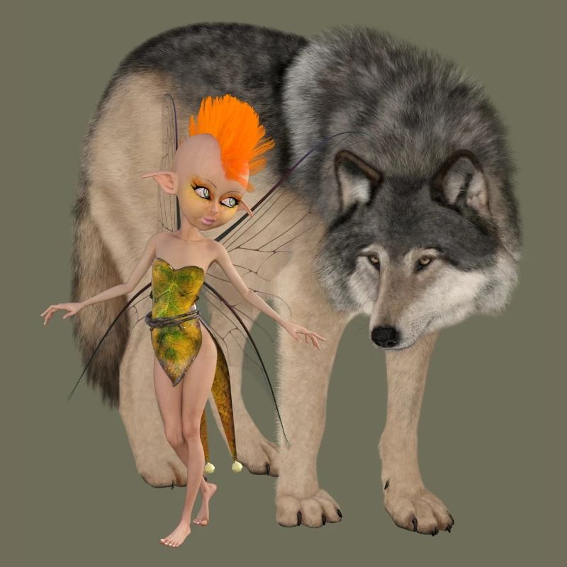 Zwei ungleiche Freunde: die Fee und der Wolf;
