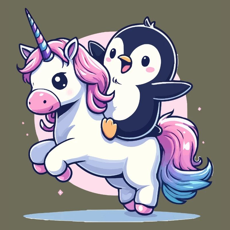 Pinguin reitet Einhorn