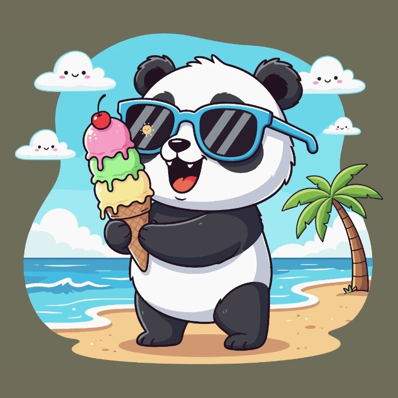Panda am Strand mit Eiscreme