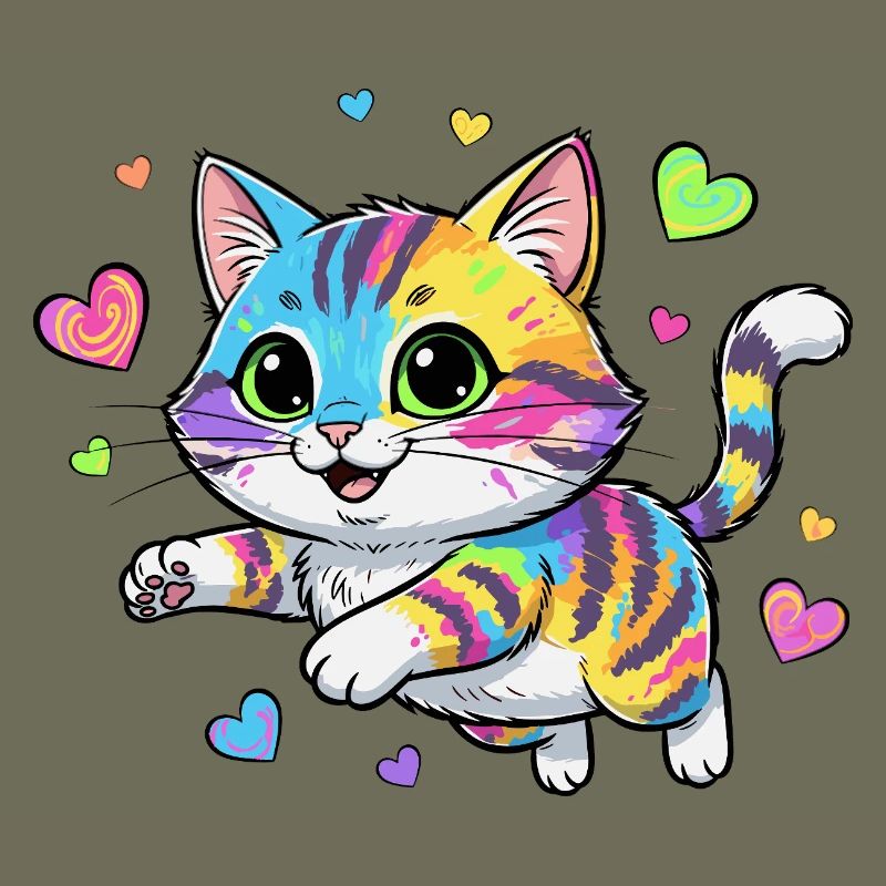 Rainbow Cat with Hearts