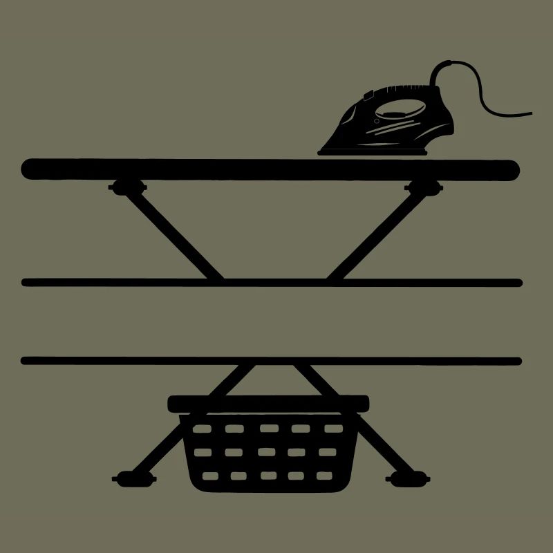Iron, ironing board and laundry basket, text banner