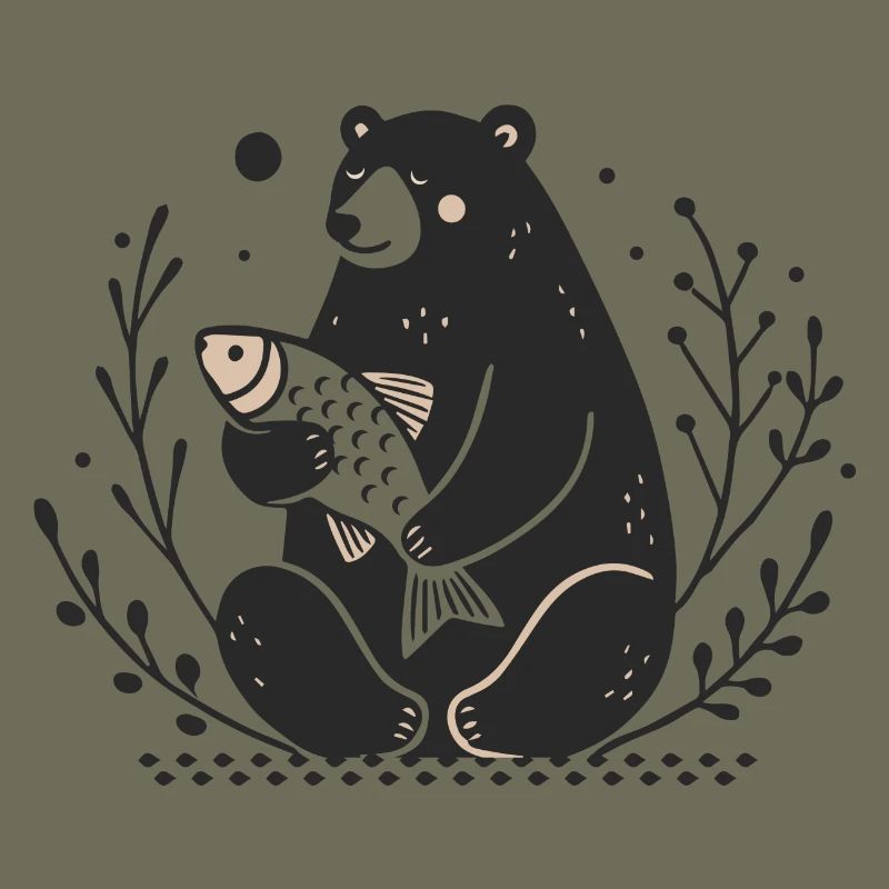 A sitting bear holding a fish