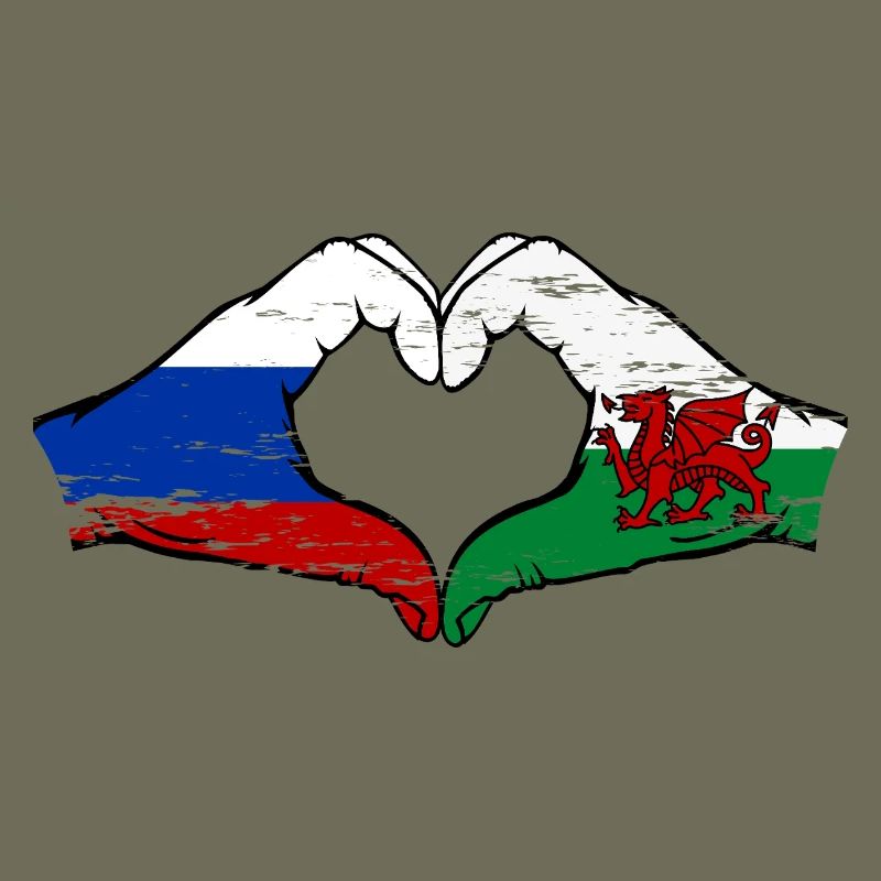 Russie Drapeau Pays de Galles mains forme de coeur utilisé