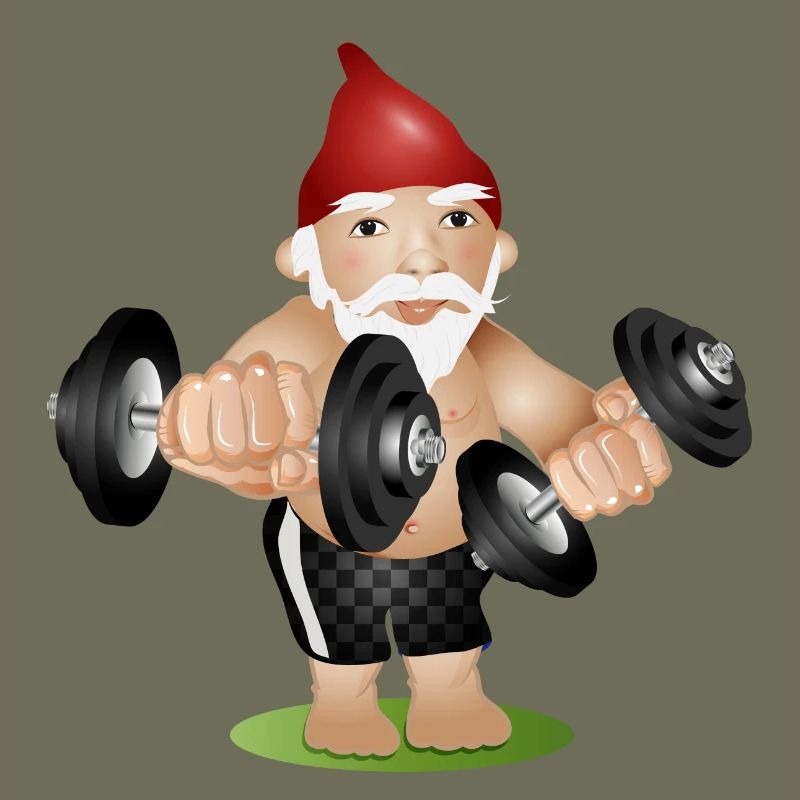 Bodybuilder Gartenzwerg mit Hanteln beim Training