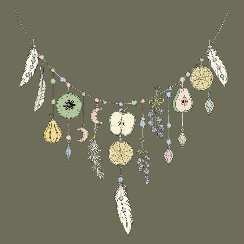 Delicate chain with fruit and feather motifs
