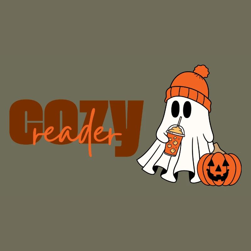 Cozy Reader Halloween Ghost with Pumpkin and Hat